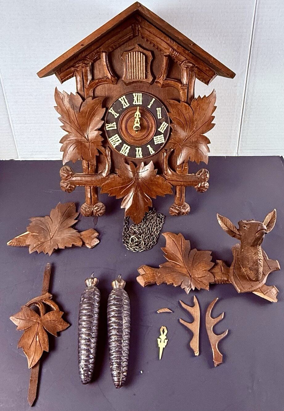 Vintage Germany Cuckoo Clock Faller Carved Stag Leaves 2 Weights Parts Repair